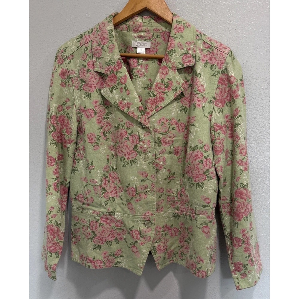Christopher & Banks Floral Blazer Jacket Womens M Linen Blend Boho Cottagecore